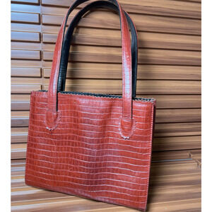 Donald J. Pliner Crocodille Embossed Brick Red Cognac Shoulder Bag Purse Vtg